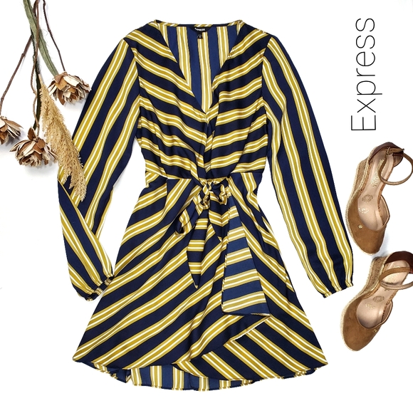 Express Dresses & Skirts - Express Blue Yellow Stripe Faux Wrap Dress XS